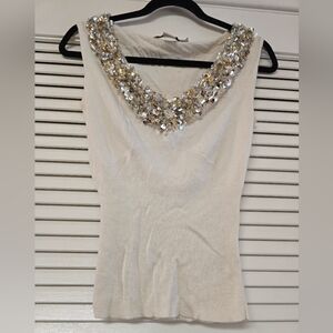 Holt Renfrew - Festive Gold & Silver Sequin & Beaded Sleeveless Cream Top